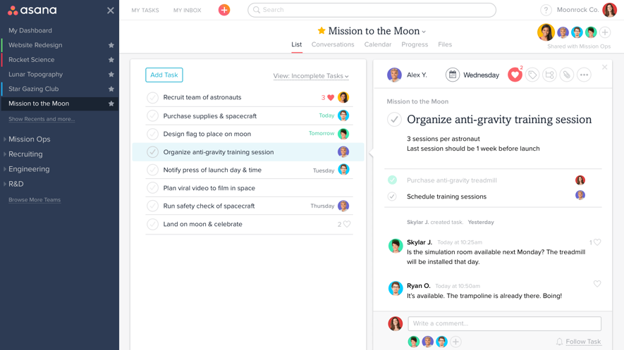 Control Panel in Asana Software