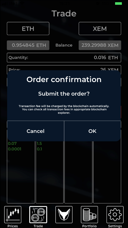 order confirmation screen